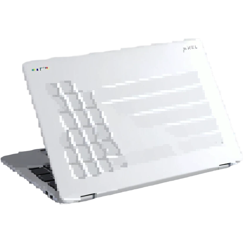 A minimalist laptop with abstract shapes, modern and sleek design. emoji