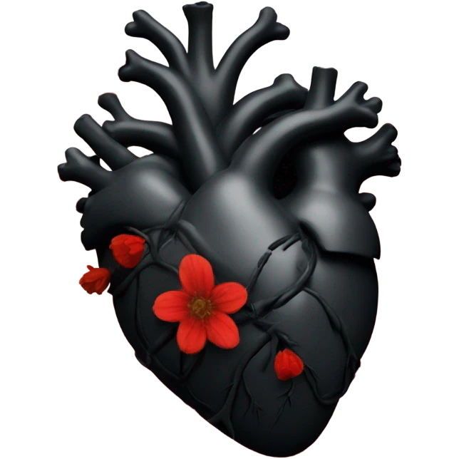 black anatomical heart with red wildflowers emoji