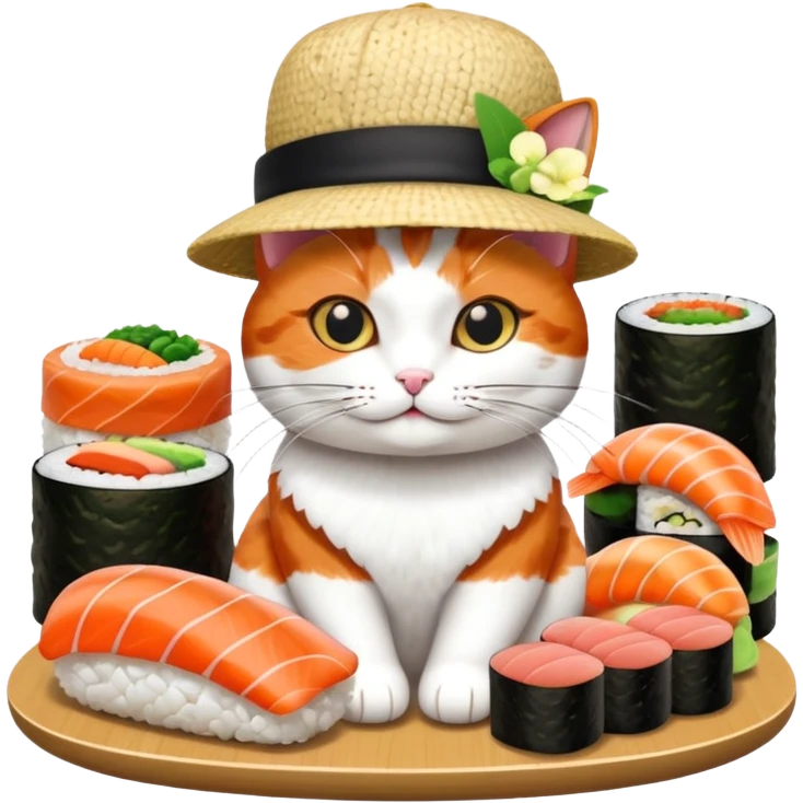 cat wearing a hat made out of sushi emoji