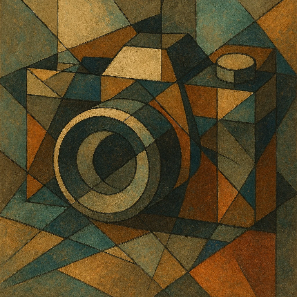 a camera, cubist abstraction style, geometric shapes and abstract forms emoji