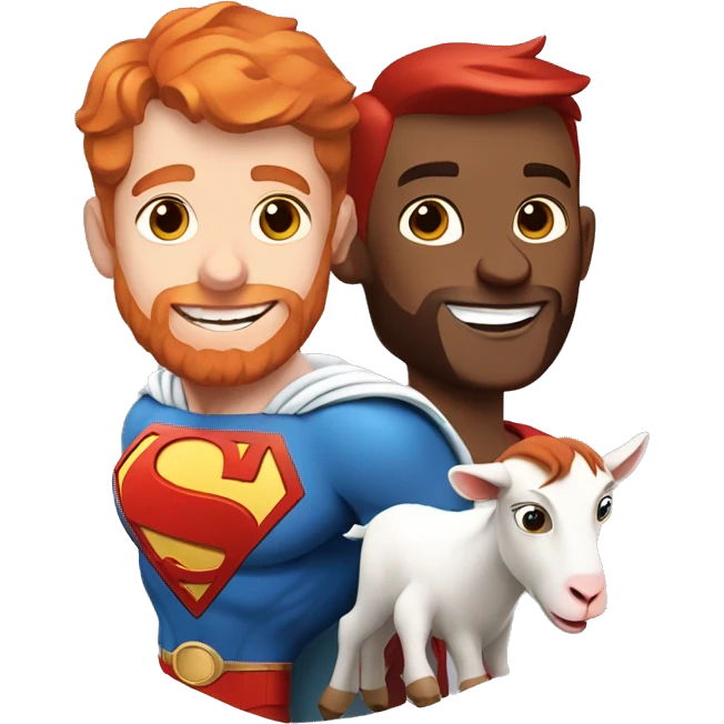 White superman with red hair and red beard flying next to a happy goat.  emoji