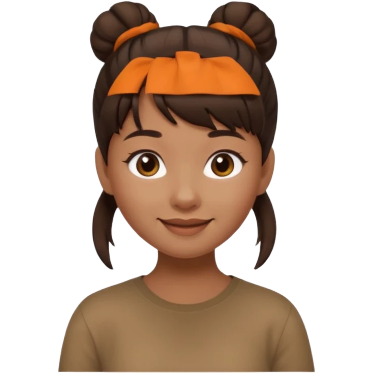 In Apple Memoji format, a girl with dark brown hair. She has bangs and her hair is in a singular high bun. The girl is arab and has light brown skin. She is wearing a brown shirt. She is soft smiling, no teeth shown. emoji