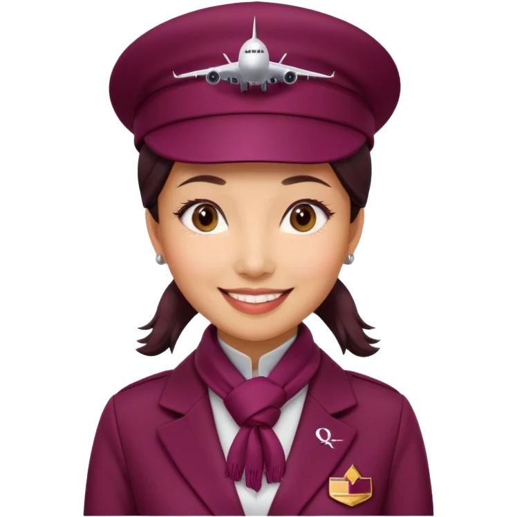 Asian woman wearing a Qatar Airways cabin crew uniform with a burgundy jacket, matching hat with logo, and a scarf, smiling, simple background emoji