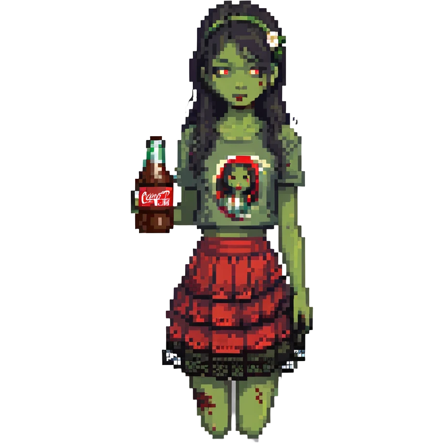 Generate an Asian girl, dark-haired, she's a zombie, wearing a skirt with lace, slightly torn,

Holding a bottle of Coca-Cola in her hands.

Background - a dark street in the style of Gotham City. emoji