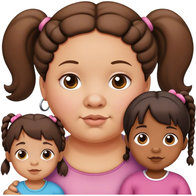 Mama gordita con niña de 2 años con dos coletas y niña de 5 años una coleta emoji