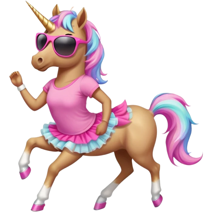 friendly anthropomorphised female unicorn with horse-like face, in tutu and pink t-shirt, wearing dark sunglasses, jogging upright in standard pose emoji