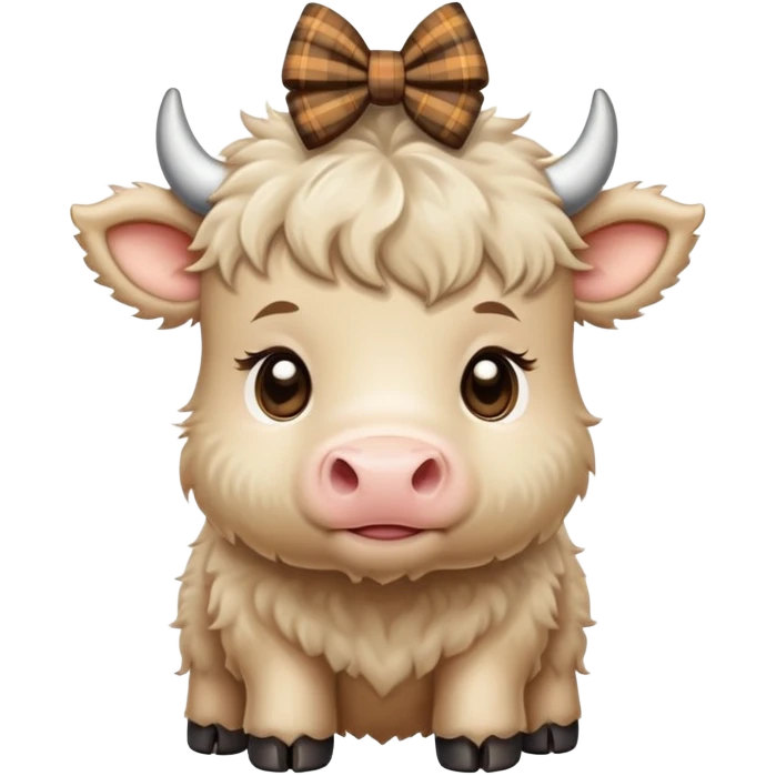 Beige fluffy baby scottish cow with a small bow on head beige emoji