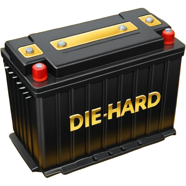 black car battery labeled 'Die Hard' with golden energy waves surrounding it, highlighting its strength emoji