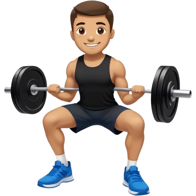 smiling man black shorts black t shirt blue shoes barbell squats emoji