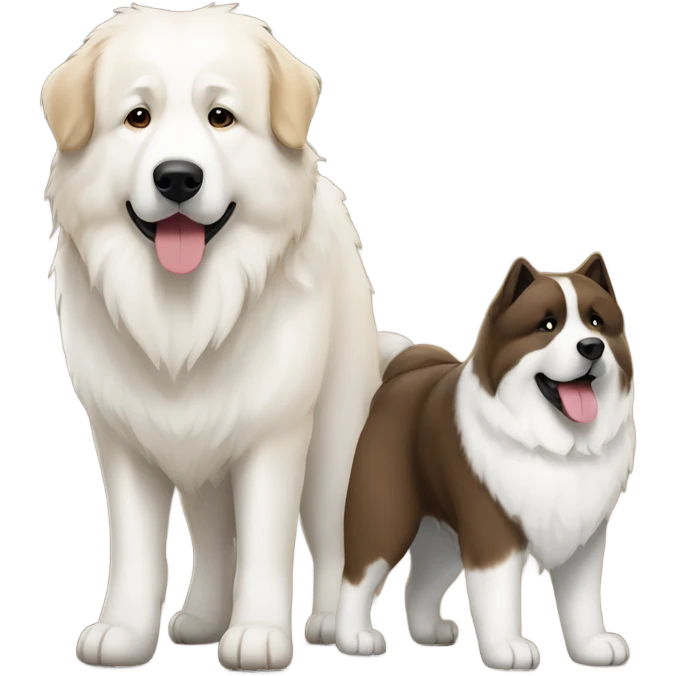 White and brown Great Pyrenees and big dark Akita standing next to each other emoji
