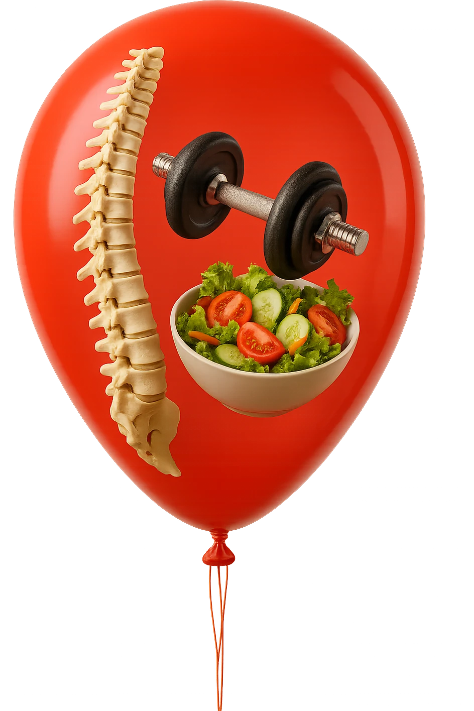 palloncino rosso con all'interno insalata, manubri da palestra e una spina dorsale anatomica realistica in 3d, isolato su sfondo bianco emoji
