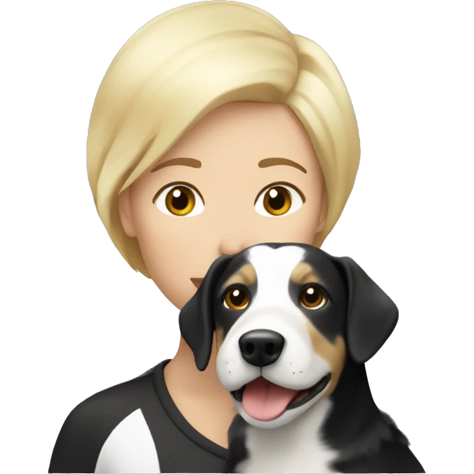 lesbian woman with short blonde hair kissing a black and white épagneul breton dog emoji