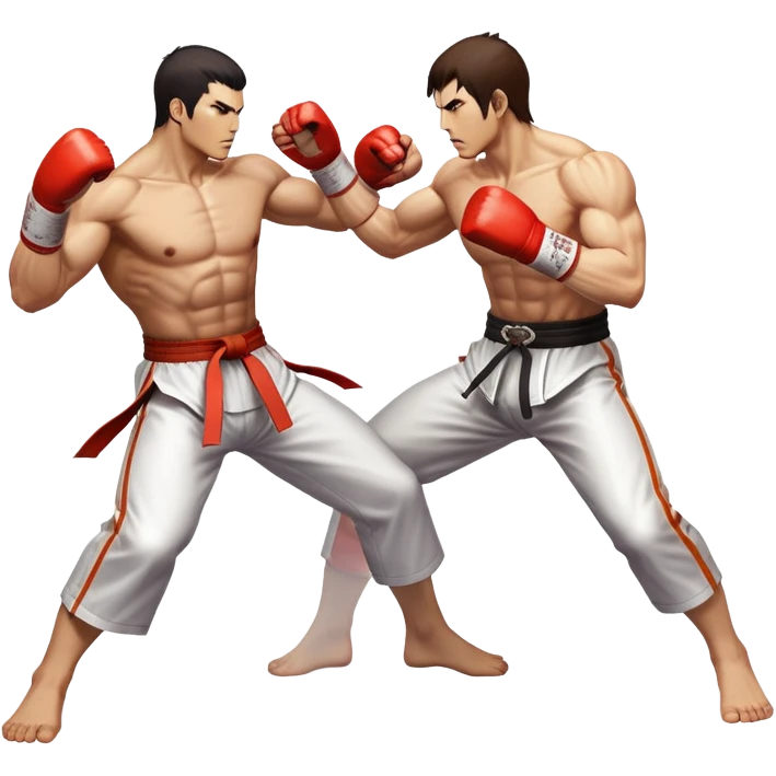 An icon showing two fighters in an intense battle, inspired by Tekken. The design features dynamic poses, with powerful punches and kicks, and a vibrant action-packed background. Health bars are visible at the bottom, showing each player’s status. Transparent background. emoji