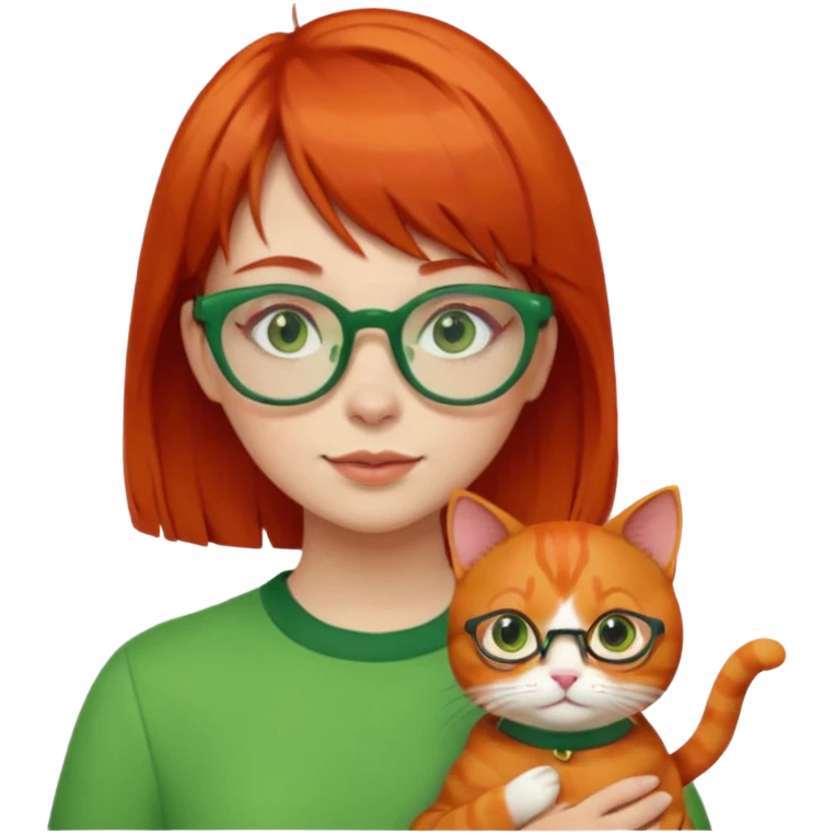 Red hair girl with short bangs and green glasses holding orange cat  emoji