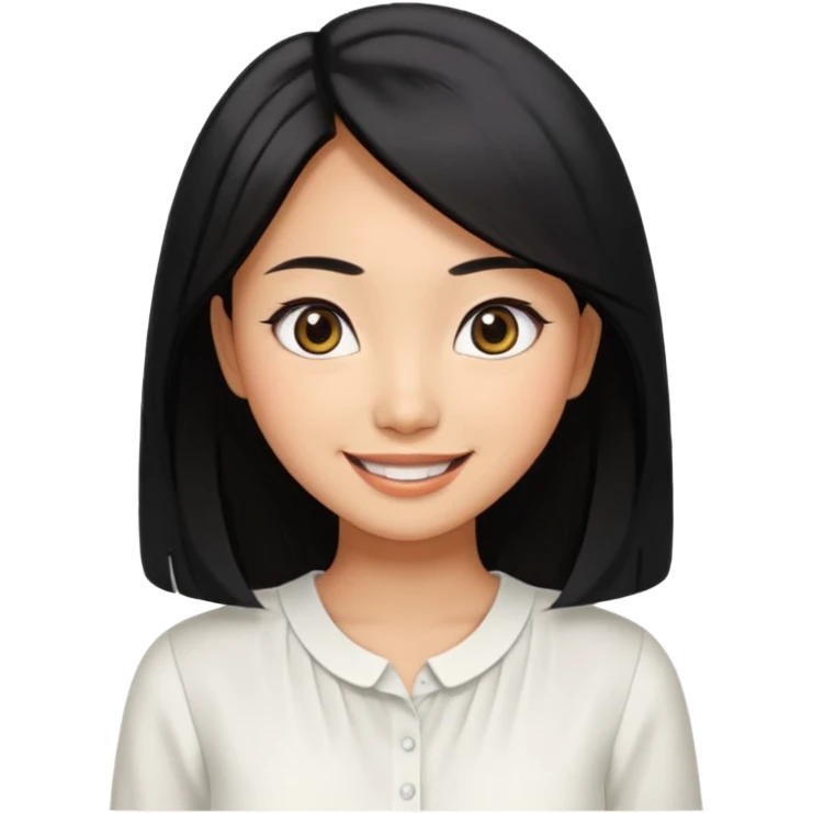 30 yr old asian woman center parted hair big eyes big smile tanned skin straight black hair hippie part hair white blouse shoulder length hair emoji