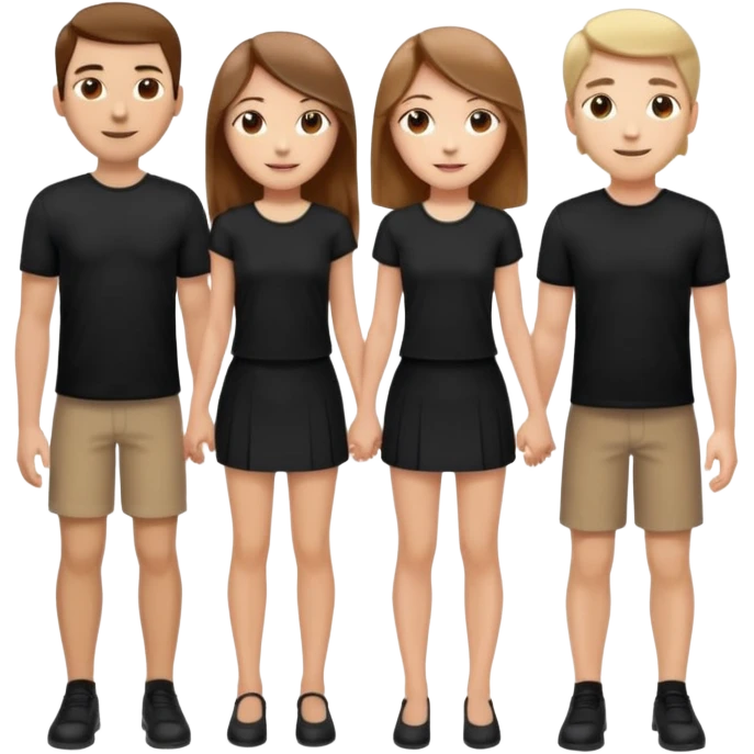 emoji of a girl with long, straight light brown hair, fair skin, soft brown eyes. Wearing a stylish black top and mini skirt. Full-height, standing confidently with shoulders back, head up, smiling proudly. Surrounded by 3men and one woman next to her, holding hands. emoji