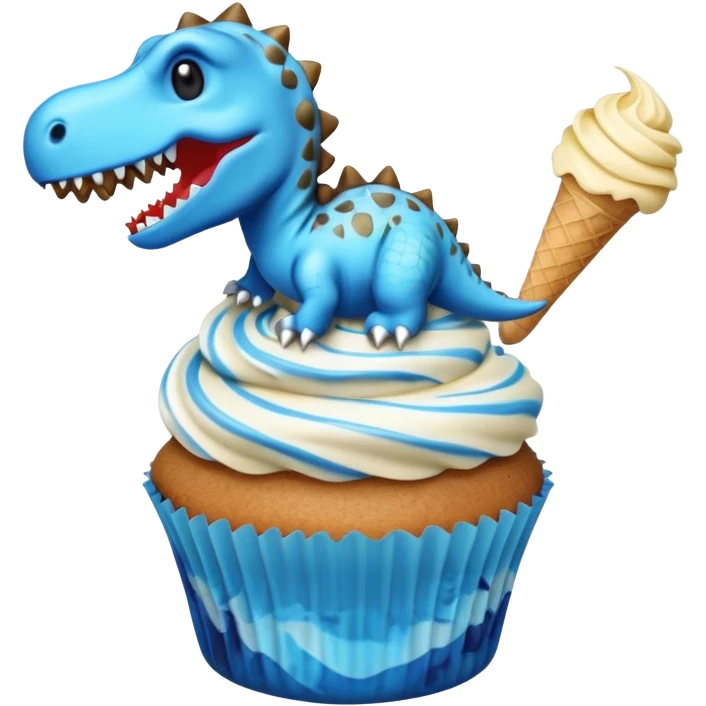 A cupcake having blue and black icing and a dinosaur as a decoration and ice cream next to it emoji