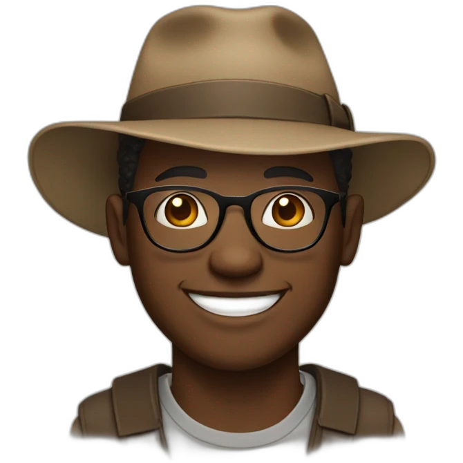 black man with glasses, smiling,wearing a round, brown hat  emoji