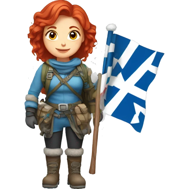 female winter mountaineer red hair holding greek flag and easter egg emoji