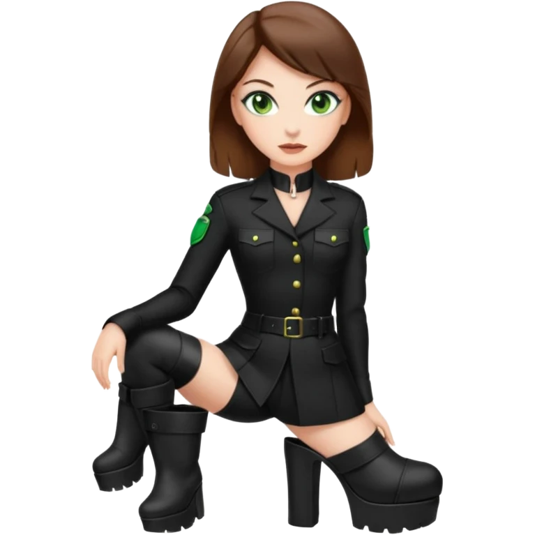Create Dominatrix in total black uniform ,green eyes,brown hair and platform boots emoji