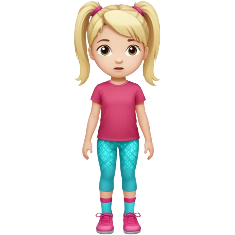 Little girl with blonde hair in ponytail with pink hair tie, wearing red t-shirt and turquoise patterned pants, light socks, serious facial expression emoji