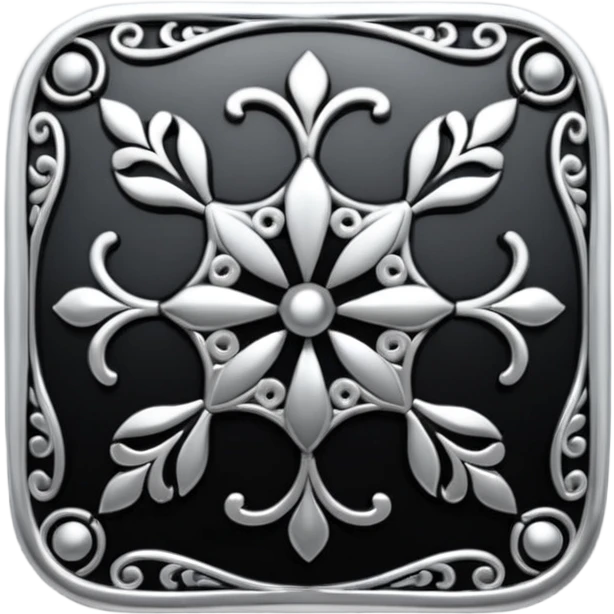 Black and silver filigree square button, 3D, extremely detailed design emoji