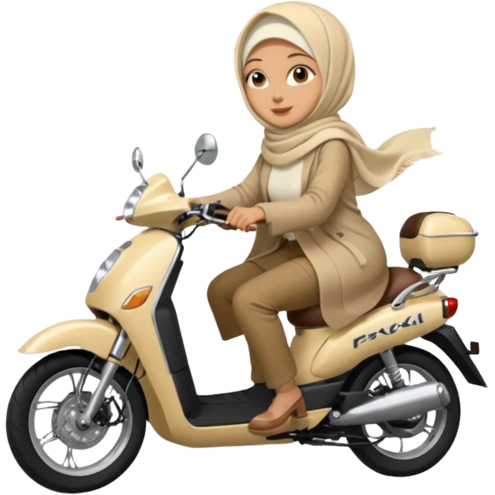 A woman wearing a cream colored pashmina hijab riding a motorbike pcx emoji