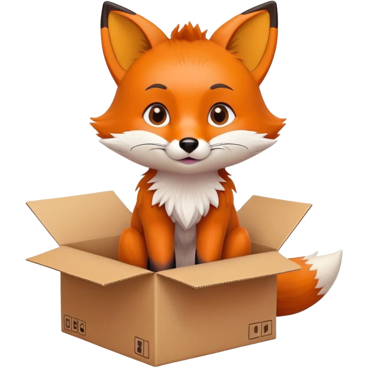 Cute fox sitting in a cardboard box with playful expression, kids toy aesthetic emoji