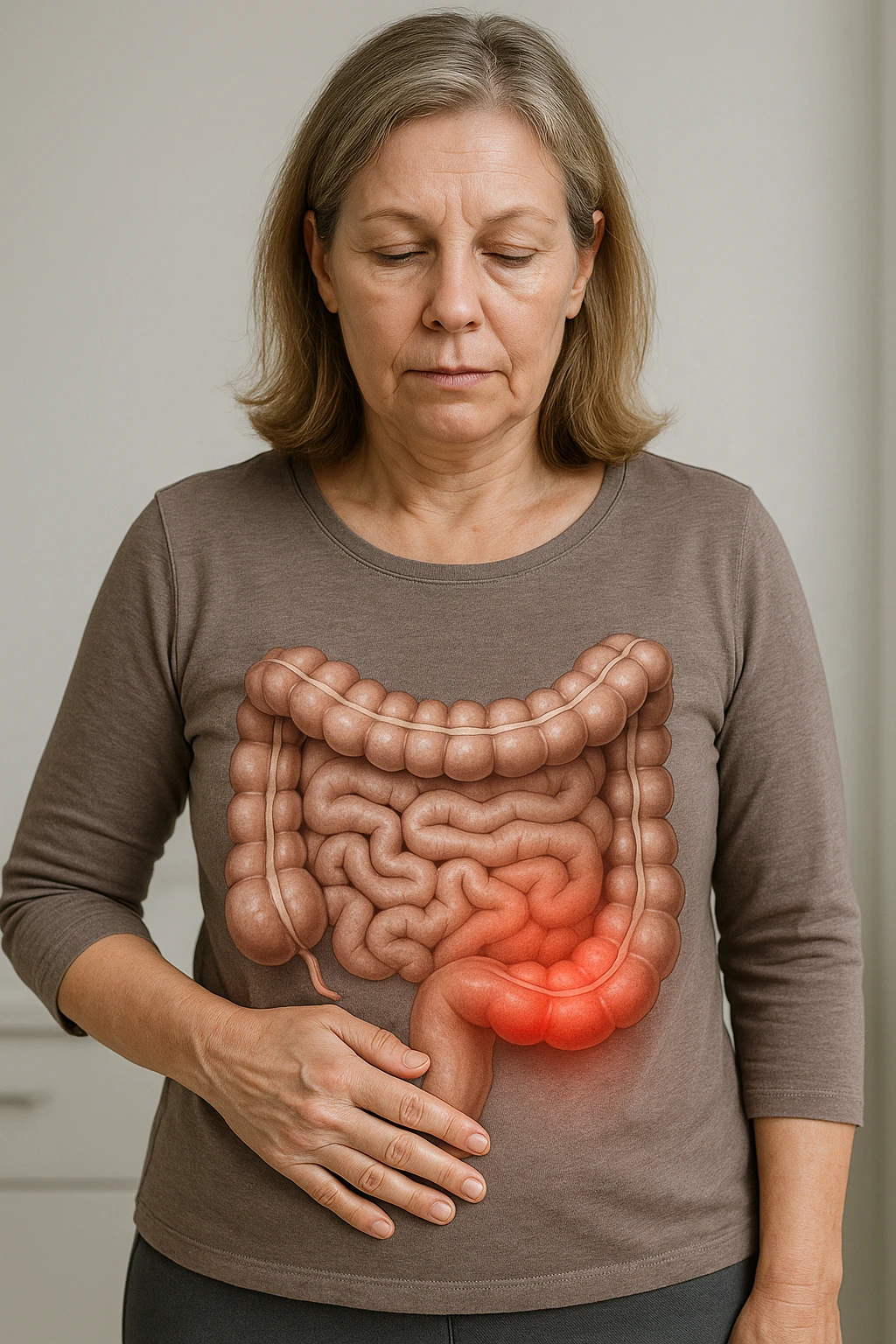 Donna in menopausa con intestino infiammato evidente immagine realistica emoji