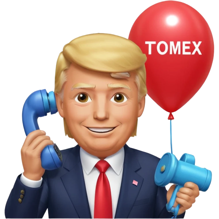 Дональд Трамп  улыбается в поте лица качает через насос в виде телефонного аппарата, который подключен к шарику, который символизирует фондовый рынок и на нём написано IMOEX emoji