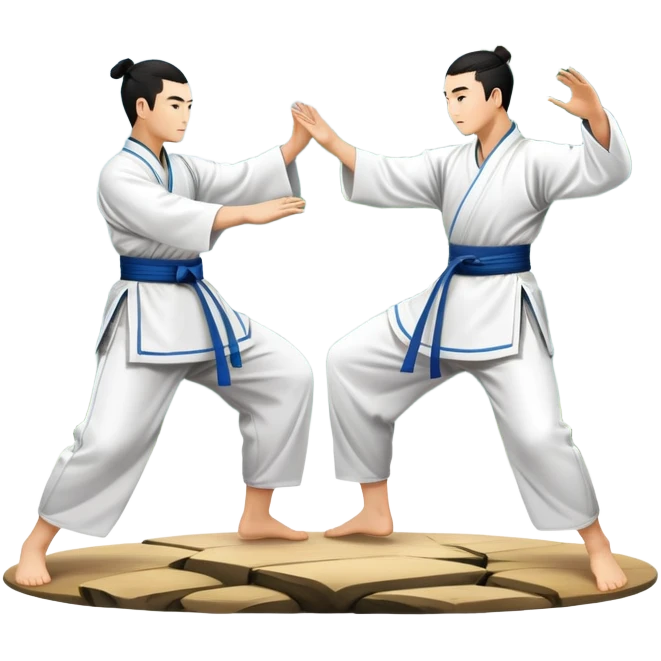 Two martial artists in traditional Wushu attire, performing elegant, fluid moves. The background shows a peaceful, scenic landscape with mountains and bamboo trees, symbolizing the balance of power and grace in Wushu.  emoji