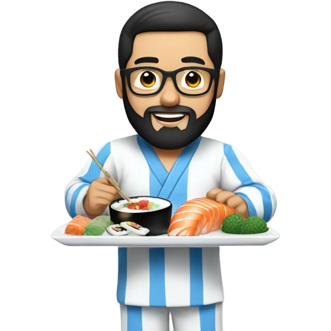 Guy wih beard and black straight hair and glasses , with a white pijama with blue stripes eating sushi  emoji