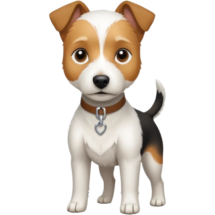 a full body slightly chubby white parson russell terrier looking dog the size of a kelpie with light brown long ears and a light brown patch on one eye and a large snout. the rest of the dog is completely white emoji