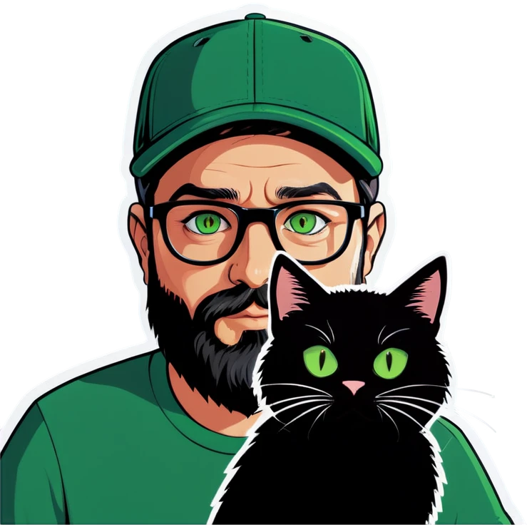 A bold man with a grey baseball cap, green eyes, big beard and glasses holding a black cat emoji