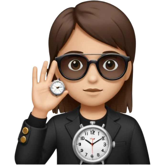 Un niño con pelo lacio color castaño,con lentes de sol negros y un reloj en la mano ,pero que el lente sea más oscuro  emoji