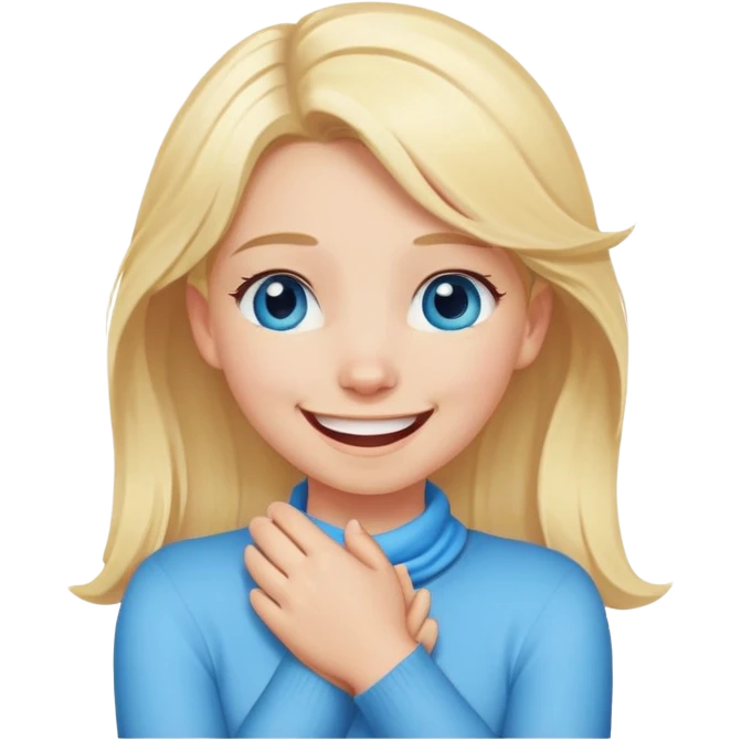 a girl with blonde hair blue eyes and her hands crossed around her neck while laughing emoji