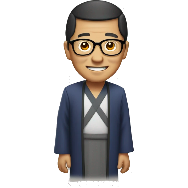 old hmong priest with black hair, smiling with teeth and glasses emoji