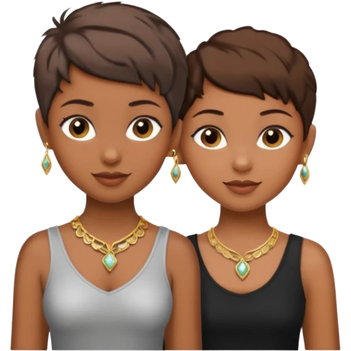 One black girl and one light brown girl and brown colored besties with brown hair pixie cuts wearing jewelry  both brown hair  emoji