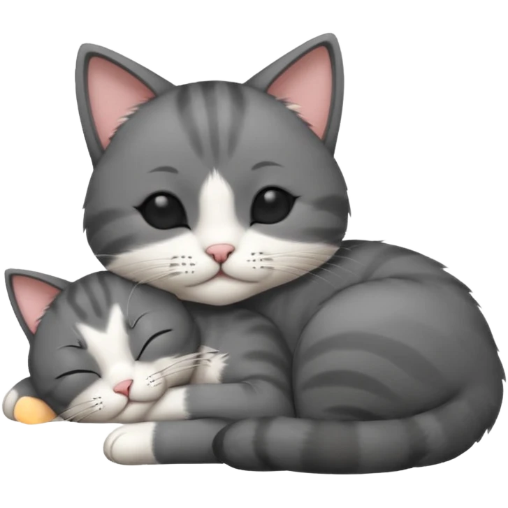 dark grey and white small cat with his eyes closed leaning his head on his paw while leaning on his elbow lying down emoji