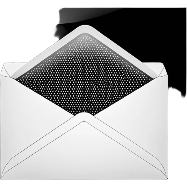 Open envelope + blank card, copperplate etching, microscopic dotwork ONLY, pure black/white, ultra-contrast, rays, tiny #fbcfe8 glow --ar 16:9 --style raw --s 10 --no 3d, gradient, smooth, gray, shadow, text emoji