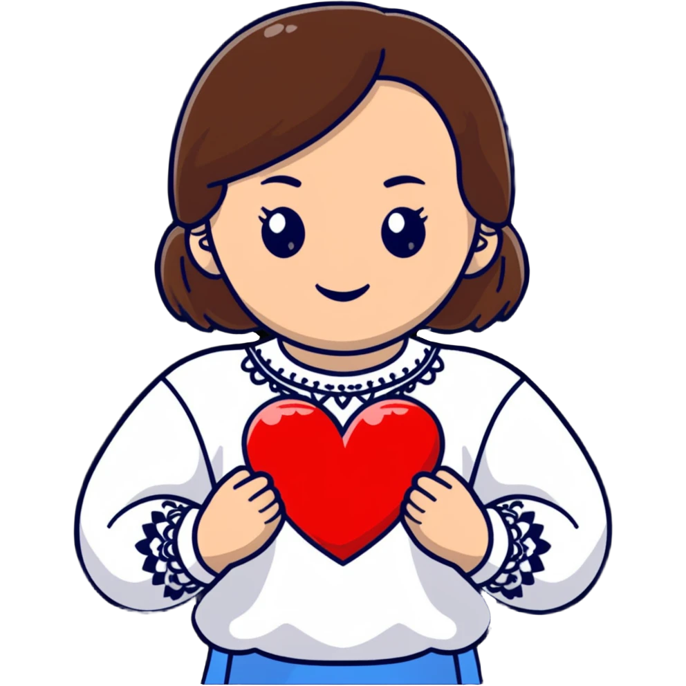 Beautiful young girl with brown hair in a white Ukrainian embroidered shirt holding a large embroidered heart emoji