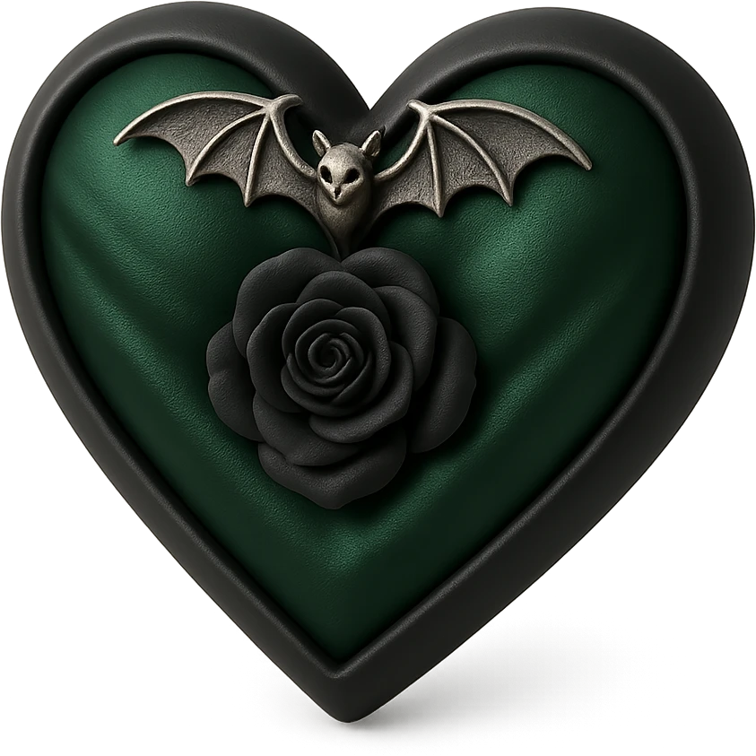 3D black style gothic heart, deep forest green silk texture, silver bat charm, dark rose center, lush and gothic design emoji