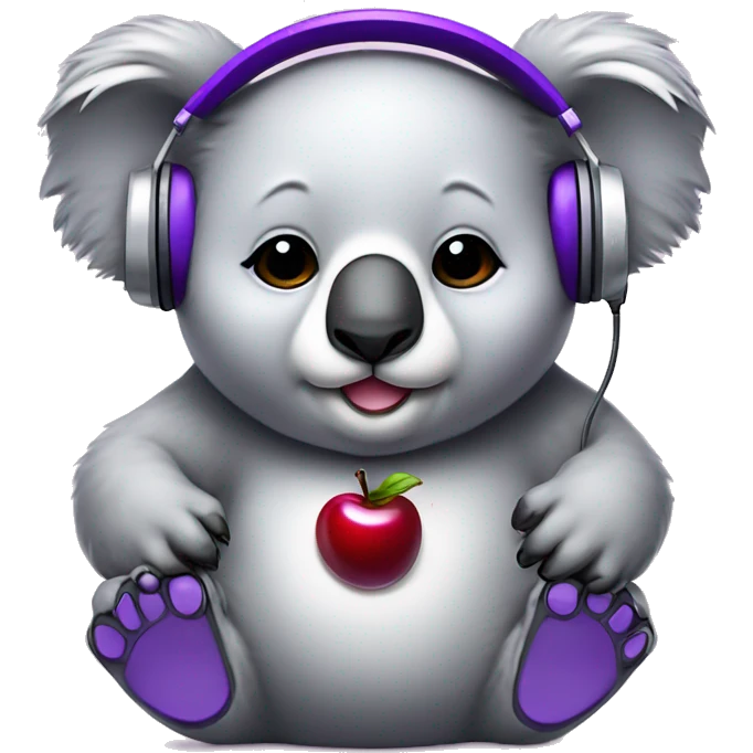 cute chubby koala wearing purple chrome headphones with a cherry symbol on its chest   emoji