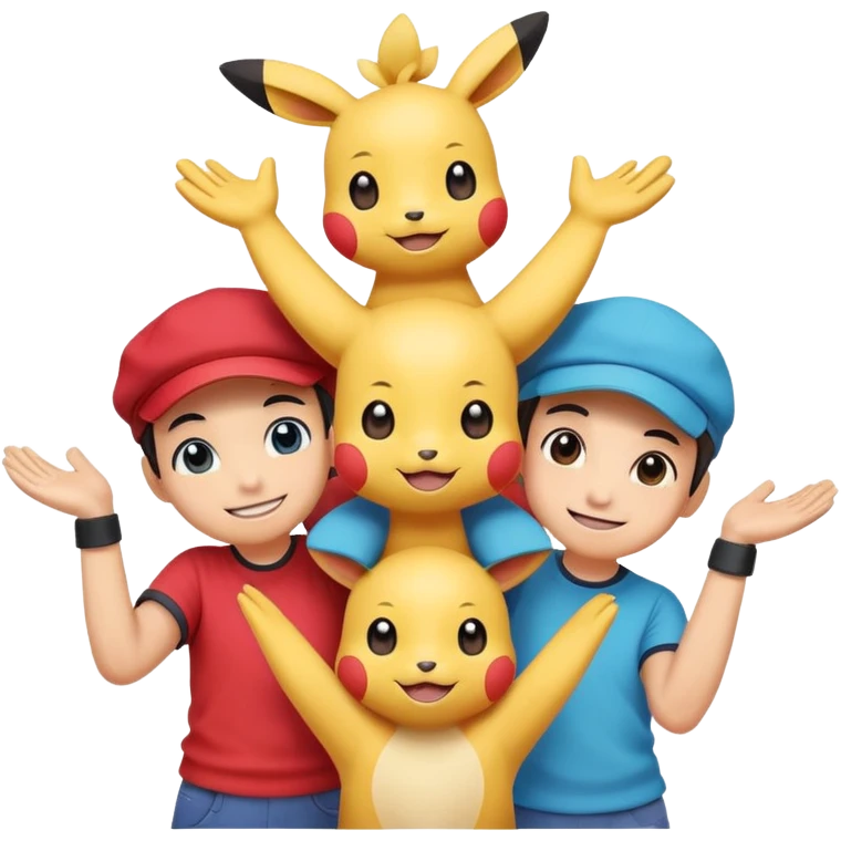 Three Pokémon characters working together as friends — bright, cheerful, and playful. They are helping each other: one is lifting another up, another is offering a hand, and they are all smiling. The style is colorful, cute, and cartoon-like, with a joyful background. emoji
