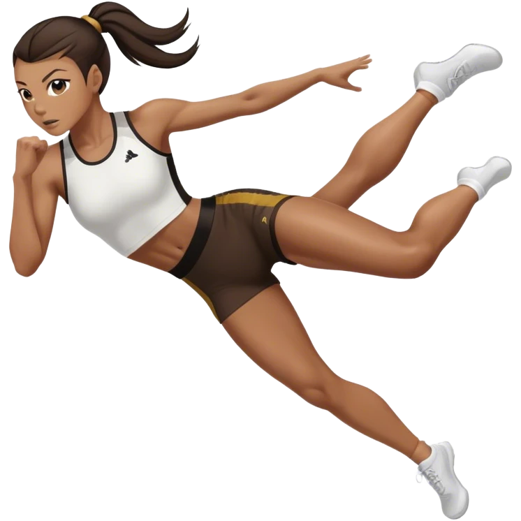 Melanie chisholm with a dark brown high ponytail wearing athletic attire doing a kick emoji
