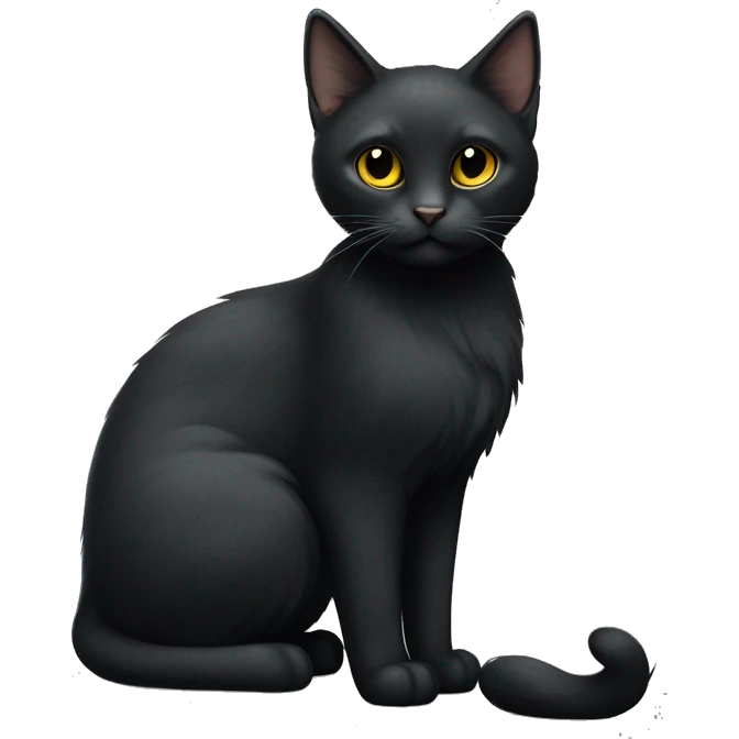 A petite, solid black sleek furred cat. Light yellow eyes. Black pointed tufts of long fur at only the very tip-top points of its ears. Fully body and no other color markings. Facing forward and standing with ears slightly tilted. emoji