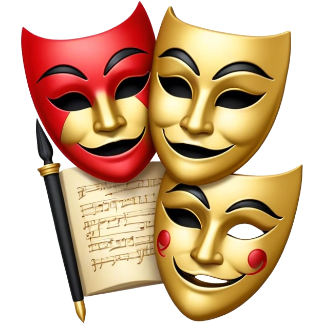 Create a bold and dramatic emoji representing the art of playwriting. The design should feature an open script or a theater playbook, with stylized text lines or dramatic dialogue inside. Include elements like a theatrical comedy and tragedy masks, a stage spotlight, or a quill to symbolize creativity and performance. Use deep, contrasting colors like red, black, and gold to evoke the intensity and passion of drama. The overall design should feel dramatic, inspiring, and artistic. Make the background transparent. emoji