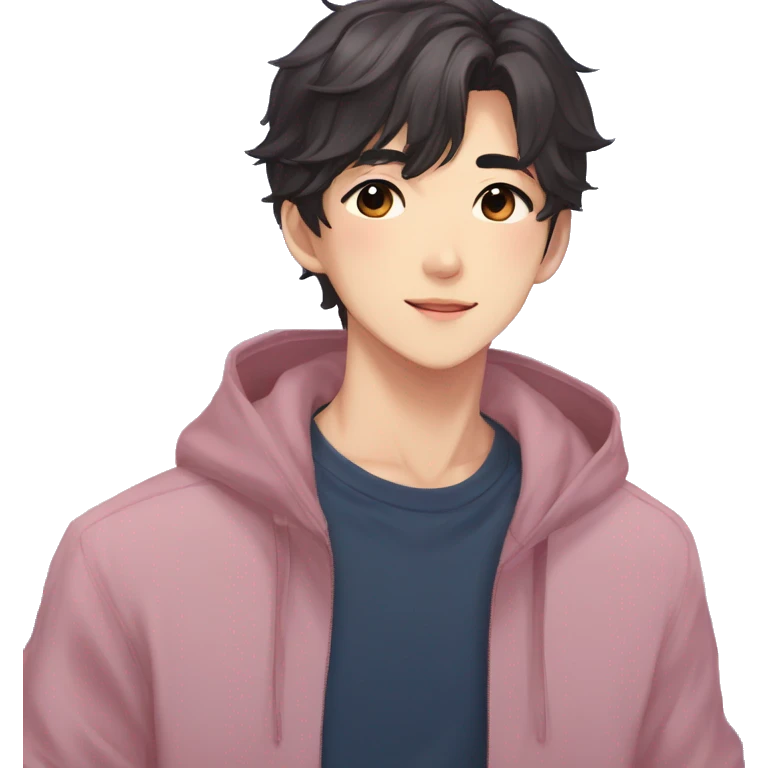 Gorgeous bright sparkly romantic Asian anime gentle man with blushing face aesthetic trending style outside emoji