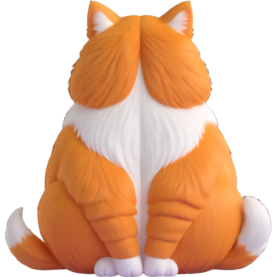 3D iOS style illustration of a fluffy orange and white cat sitting with its back turned, looking grumpy, round and soft with visible orange patches, cute and playful emoji