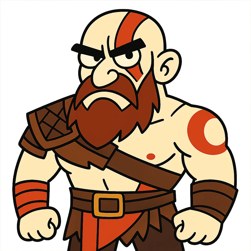 Funny cartoon version of Kratos with exaggerated features, looking grumpy emoji
